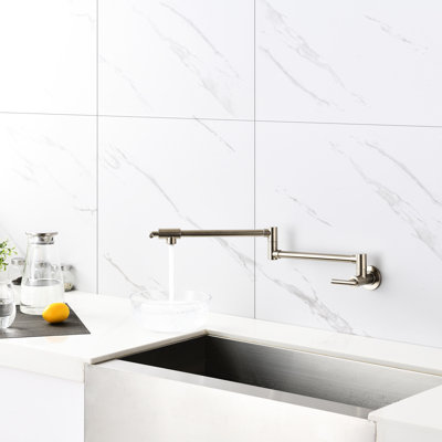 Brushed Nickel Wall Mount Folding Pot Filler Faucet - Convenient Filling With Arm, Double Handles For Stable Water Supply, Corrosion And Fingerprint- Surface In Effective , Special To Corrosion