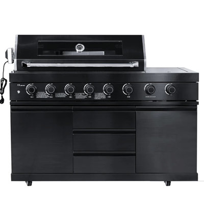 Barbecue à gaz quatre brûleurs en acier inoxydable noir, adapté à une utilisation à l'extérieur, performant et au design épuré, idéal pour la cuisson, facile à utiliser.
