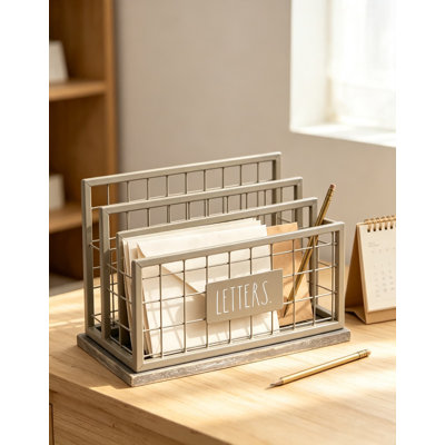 Desktop Mail Organizer with Two Compartments, Stationary Table Top Desk Organizer, Chic and Stylish Galvanized Steel and Solid Wood with "Letters" Print for Home and Office
