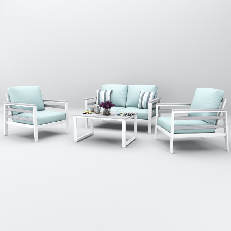 Townsend 4 Person Seating Group With Sunbrella Cushions, White, Bliss Dew