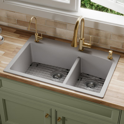 Karran Quartz 33'' X 22'' Double Bowl 60/40 Top Mount Drop-in Kitchen Sink Kit