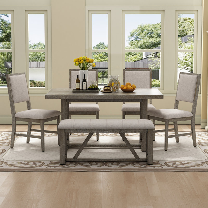 6-Piece Retro Dining Set, 1 Rectangular Table with 4 Upholstered Chairs and 1 Bench, Grey