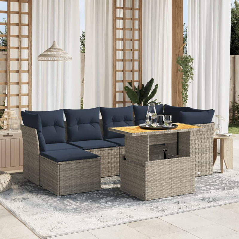  Ensemble de canapé de patio 7 pièces avec coussins en rotin de polyester, Gris, Bleu