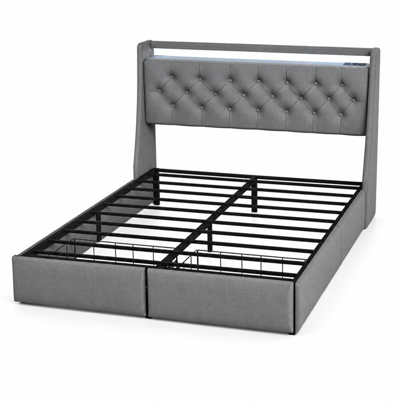 Structure de lit en métal pour grand lit avec DEL RVB et port USB, 2 tiroirs de pieds et tête de lit capitonnée pour chambre à coucher moderne