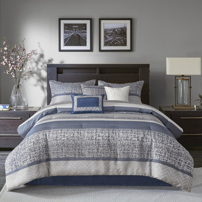 Édredon très grand 7 pièces - literie de luxe bleu marine avec coussins plissés, motif à rayures lavables, machine, Marine