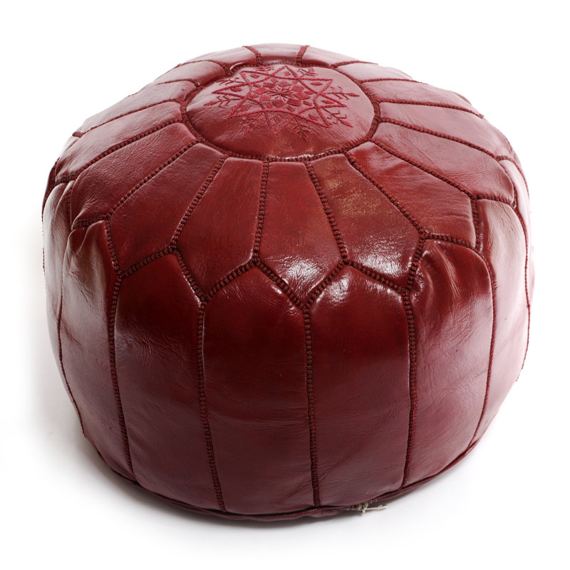 Upholstered Pouf, Morrocan Leather Chocolate Burgundy, Burgundy