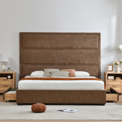 68.9" Tall Headboard Upholstered Platform Bed With 2 Wood Large Storage Drawers