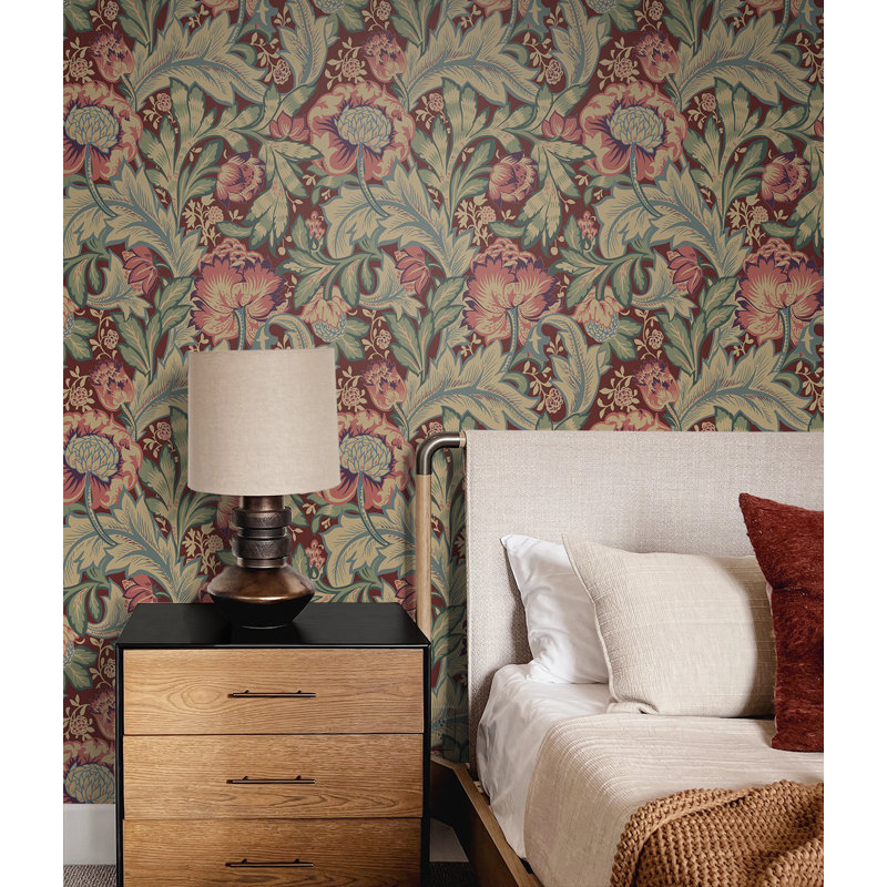 33' L x 20.9" W Wallpaper Roll, Deep Mauve/Aegean Blue