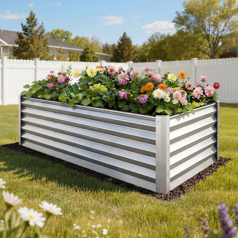 Galvanized Raised Garden Bed With Gloves, Silver, 36" H x 96" W x 48" D