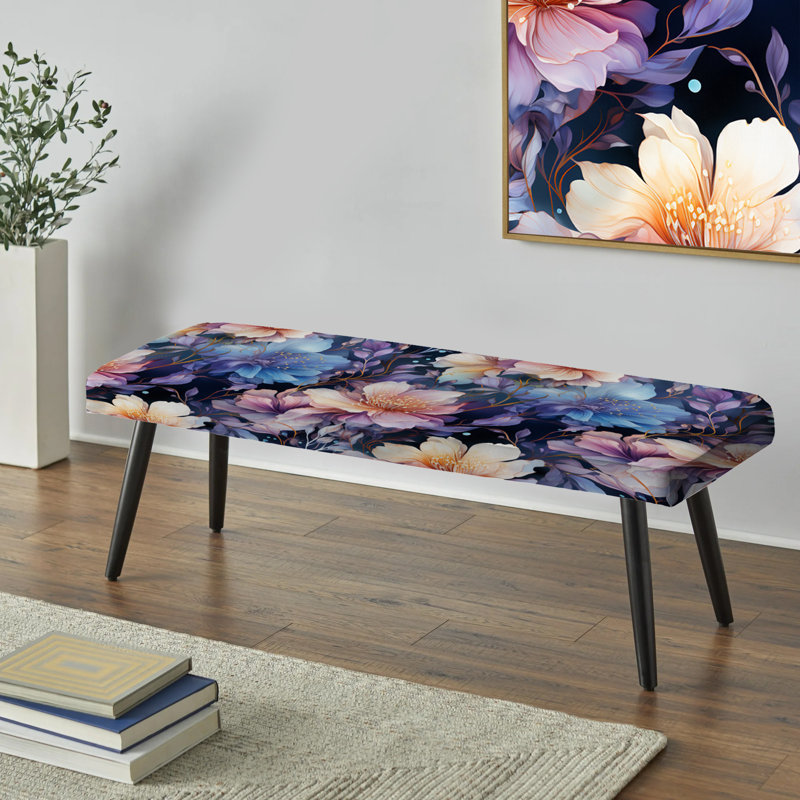 Banc rembourré floral noir Truong, Mystical Aura Blue And Purple Floral Pattern
