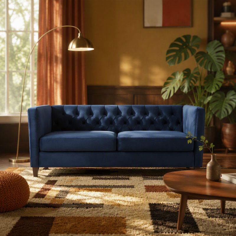 Button Tufted Velvet 3-Seater Sofa with Solid Wood Frame