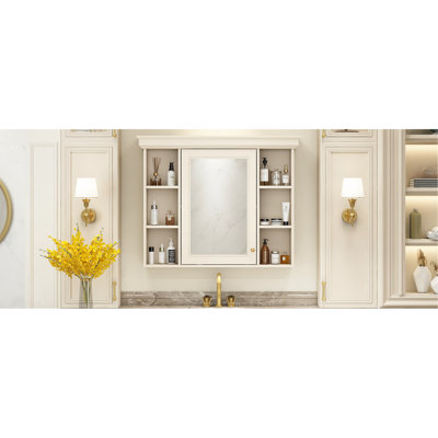 Armoire de rangement murale 35 po x 28 po avec porte miroir, armoire de salle de bain moderne avec miroir, armoire à pharmacie avec 6 tablettes ouvertes
