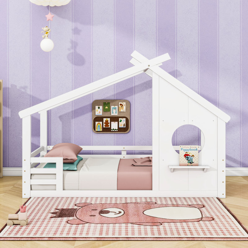 Lit en bois avec toit en forme de maison et lattes, Simple, Blanc