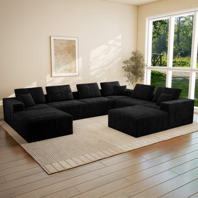 Abdou 141.7" U-Shaped Compression Sectional Sofa With Chaise, Corduroy Cloud Couch