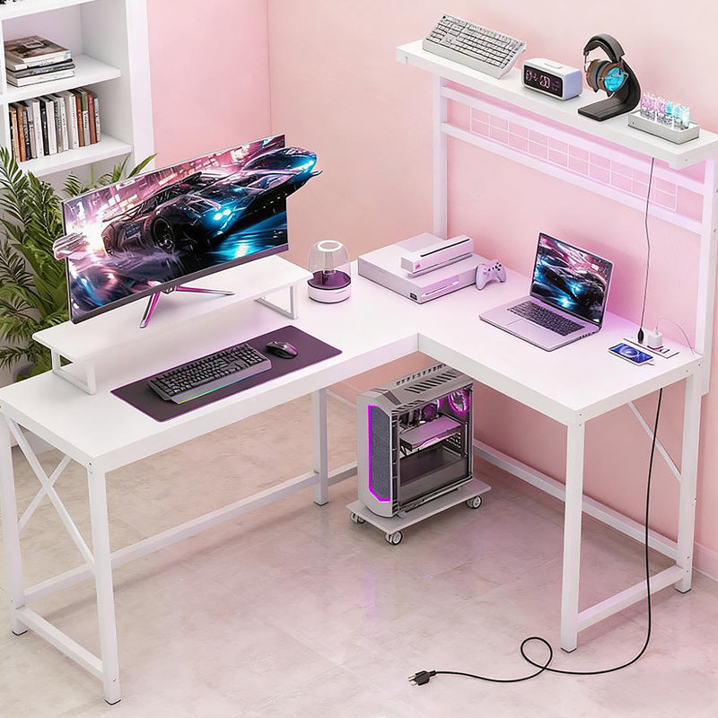 Bureau d'ordinateur, bureau de jeu en L avec prises de courant et lumières DEL, Blanc