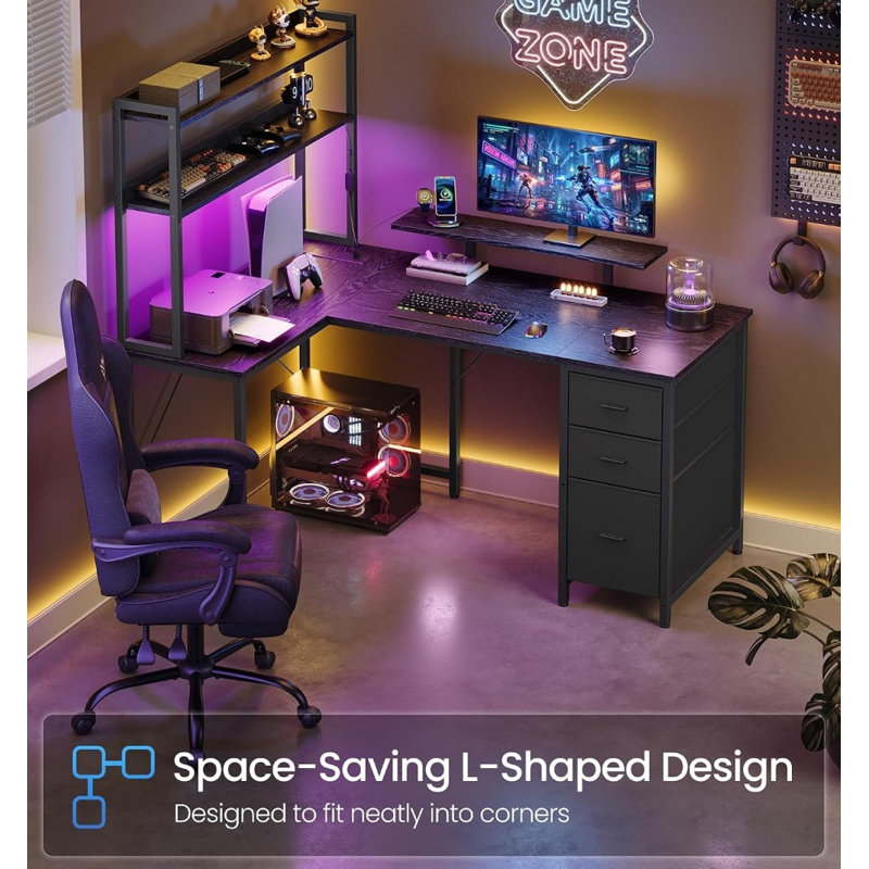L-Shaped Computer Desk with LED Lights and Power Outlets, 150 cm H x 140 cm W x 100 cm D