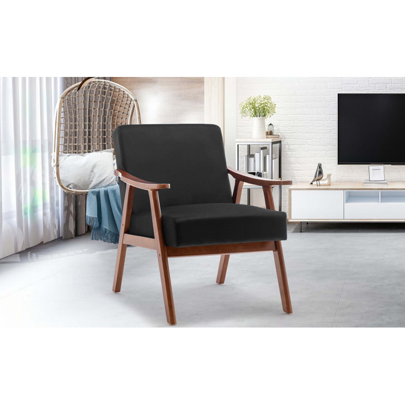 Fauteuil avec structure en bois massif, Velours noir, H 32,3 po x l 25,8 po x L 30,7 po