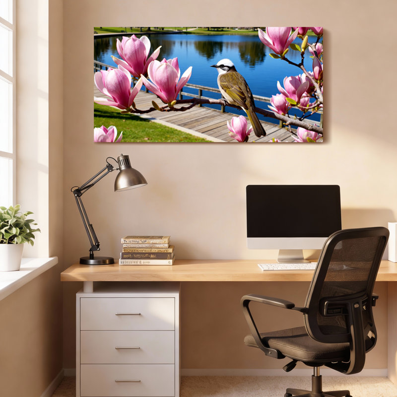 Ensemble de 1 tableau sur toile tendue représentant un oiseau et des fleurs de magnolia rose, H 12 po x l 36 po