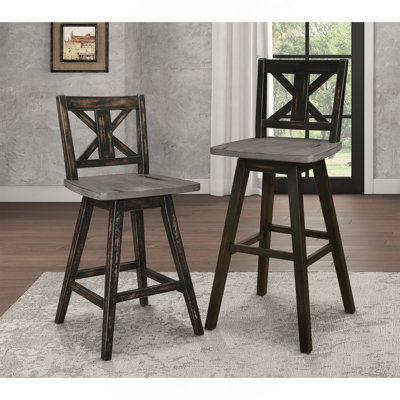 Pub Height Chairs Set Of 2, Distressed Gray And Black 360-Degree Swivel Chair Solid Rubberwood Furniture, X-Back Bar Chairs