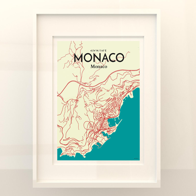 Monaco City Map In Tricolour - No Frame Print, 24cm H x 18cm W x 0.05cm D