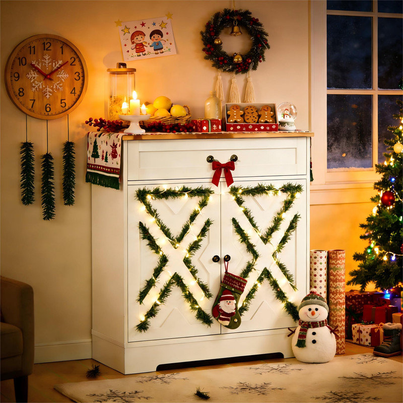 29-Inch Sideboard Buffet Cabinet with Drawer and Adjustable Shelves - Kitchen Storage Unit for Dining Room Coffee Bar in White