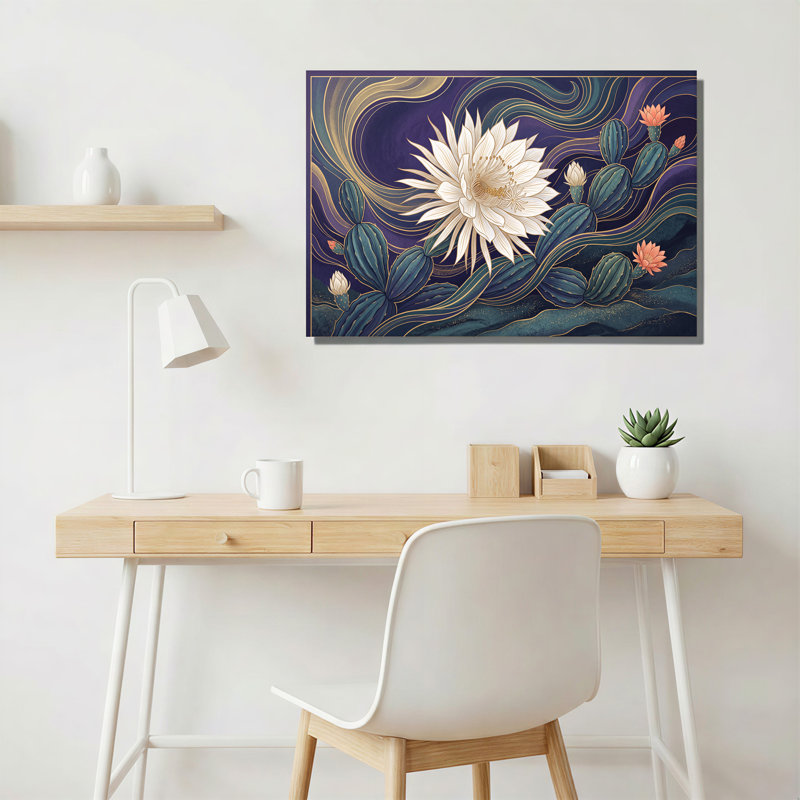 «White Night Blooming Cereus Flower» et cactus verts sur toile, art mural, 16"H x 24"W