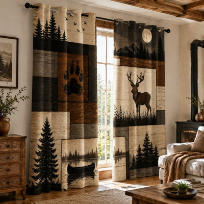 2Pcs Rustic Wood Grain Bear Paw Deer Pine Tree Lake Canoe Print Curtains, Vintage Woodland Nature Scene Sun Blocking for Bedroom Living Room for Home Dector