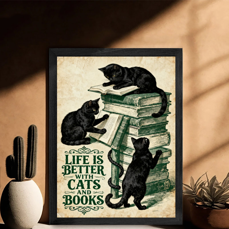 Art rétro encadré noir «LA VIE EST MIEUX AVEC CHIENS ET BOOKS», H 11 po x l 9 po