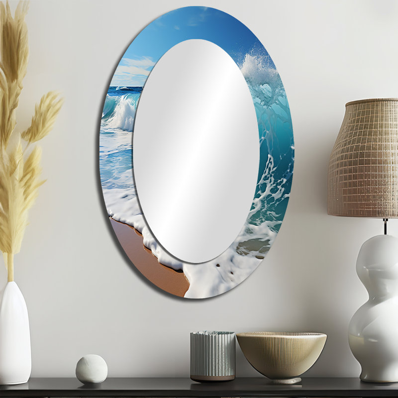 Turquoise puissance de l'océan Wave I - miroir mural ovale bleu sarcelle, 36 po x 24 po