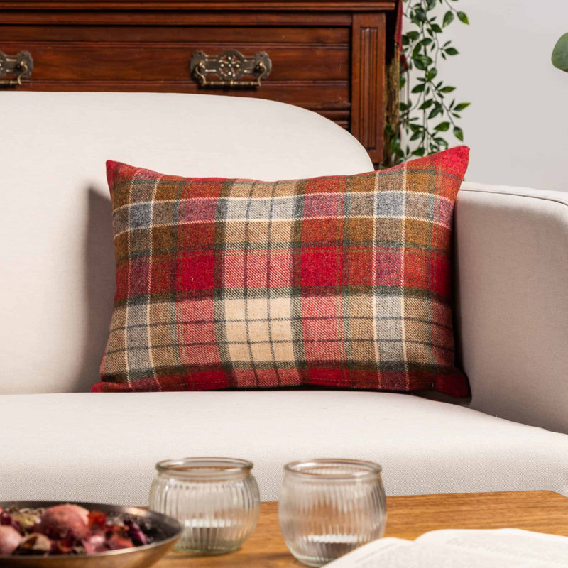 Lockwood Wool Check Cushion in Cranberry Red, 43x30cm, Synthetic filled