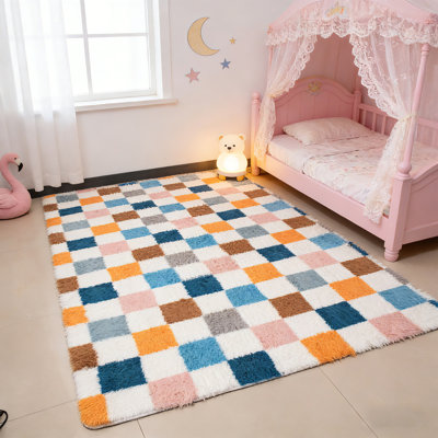 Rainbow Plaid Fluffy Area Rug, Colorful Thick Cozy Shag Carpet for Kids Room and Bedroom