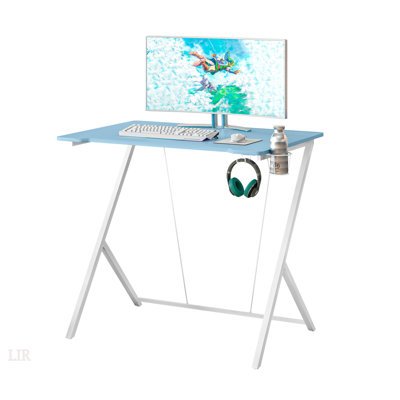 Bureau de jeu compact bleu avec cadre en acier résistant aux égratignures et porte-gobelet réglable, parfait pour les petits espaces.