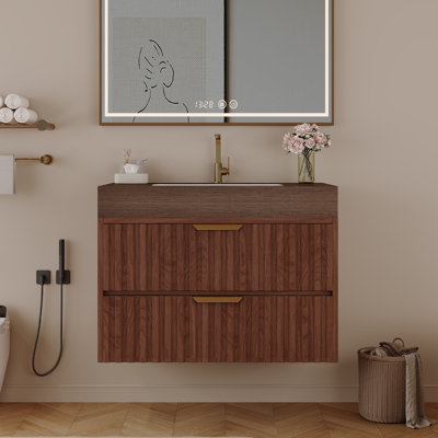 Meuble-lavabo flottant moderne de 30 po avec plateau en pierre frittée sans soudure et lavabo en céramique - 2 tiroirs à fermeture en douceur, fixation murale