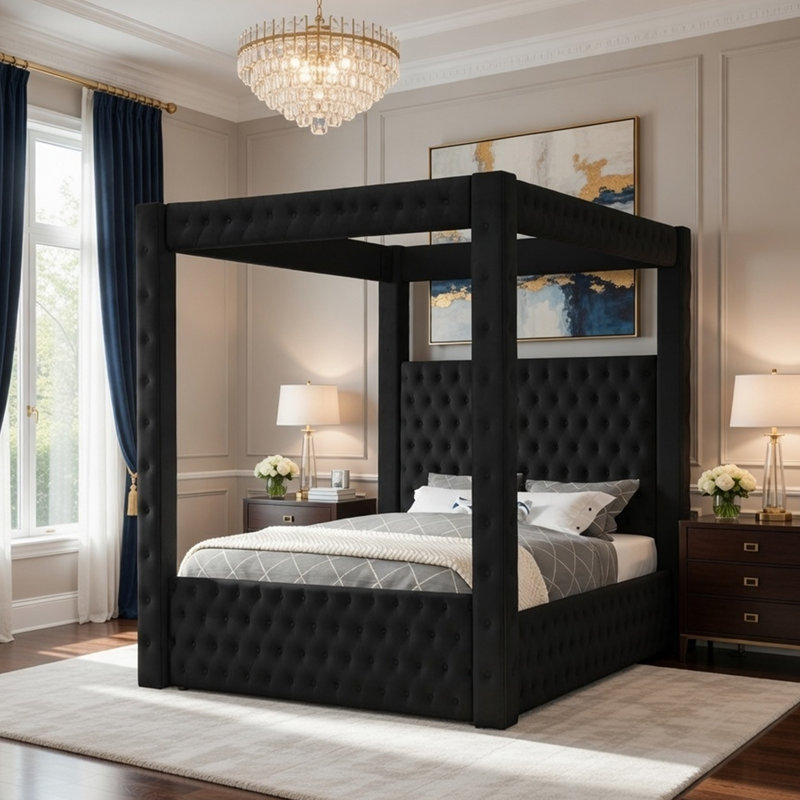 Modern Four - Poster Queen Bedroom Bed, Rich Velvet Upholstered Button Headboard And For Ambiance Bed With, Ivory, Queen