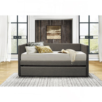 Gray Fabric Upholstered 1Pc Day Bed With Pull-Out Trundle Nailhead Trim Wood Frame Furniture