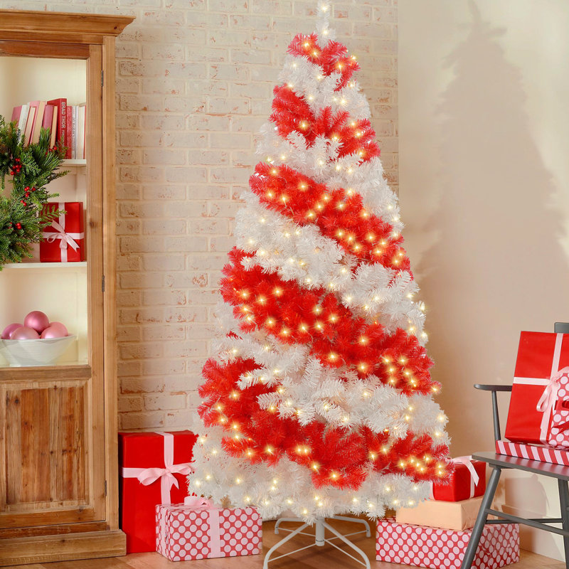 Arbre de Noël illuminé 6 pi avec canne de bonbon avec 300 lumières DEL et 900 branches flexibles, arbre de Noël artificiel des Fêtes, rouge et blanc