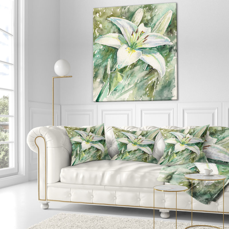 Grand coussin lys blanc - imprimé floral, 16 po x 1 po, Coussin décoratif