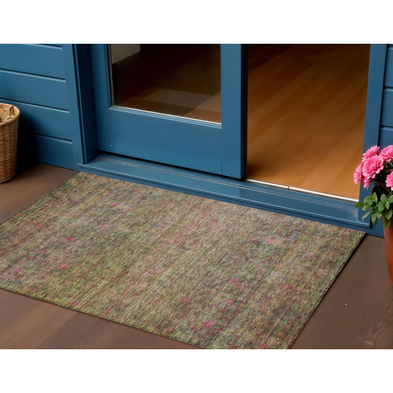 3' X 5' Artichoke Green And Hot Pink Floral Washable Indoor Outdoor Area Rug
