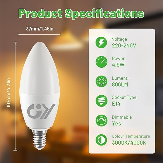 GY E14 LED Dimmable 4.9W , 807 Lumens High Brightness, 3000K Warm White, C37 Candle-Style Bulb, Energy Class C, Flicker-Free Dimming, CE Certification, 6 PCS