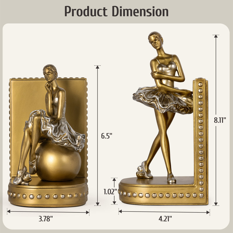 Ballet Dancer Bookends – Elegant Resin Ballet Girl Figurine Book Ends, Gold