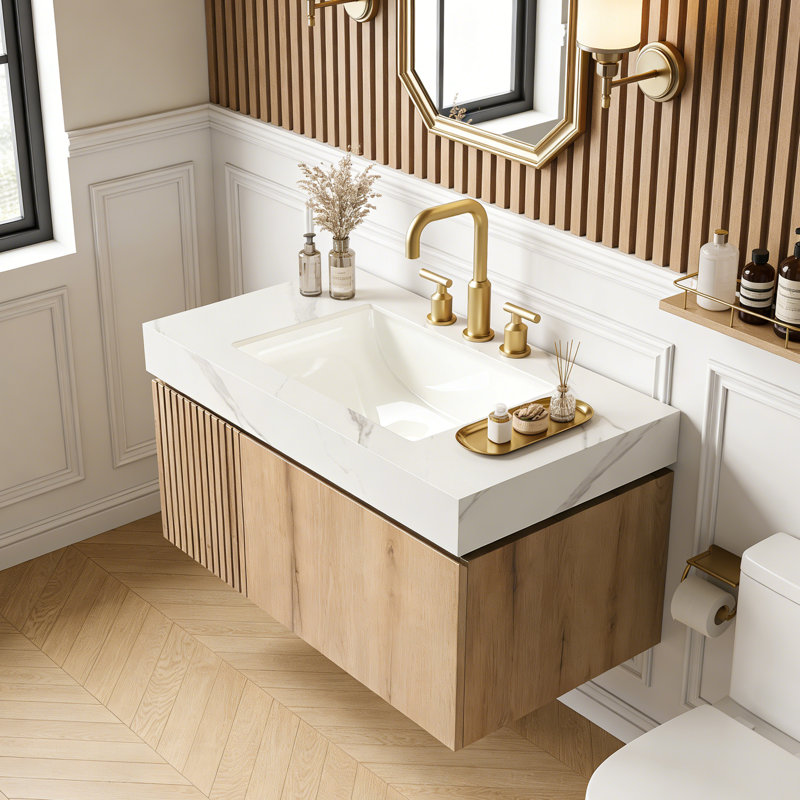 Meuble-lavabo flottant avec espace de rangement multifonctionnel et 3 trous de robinet pré-percés, Chêne blanc, 36"