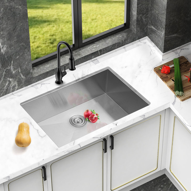 28 Inch Undermount Single Bowl Kitchen Sink In Brushed Nickel, 9 Deep, 16 Gauge, 304 Stainless Steel, Drain Assembly, - Condensation, Noise Reduction 28" X 18" 9" Sink, Bowl, Reduction, Smooth