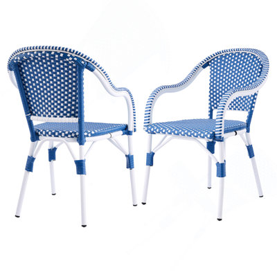 Chaises de bistro d'extérieur, chaises de patio avec cadre en aluminium, fauteuils en rotin PP résistant aux intempéries pour porche, jardin, cour, café (ensemble de 2), blanc + bleu