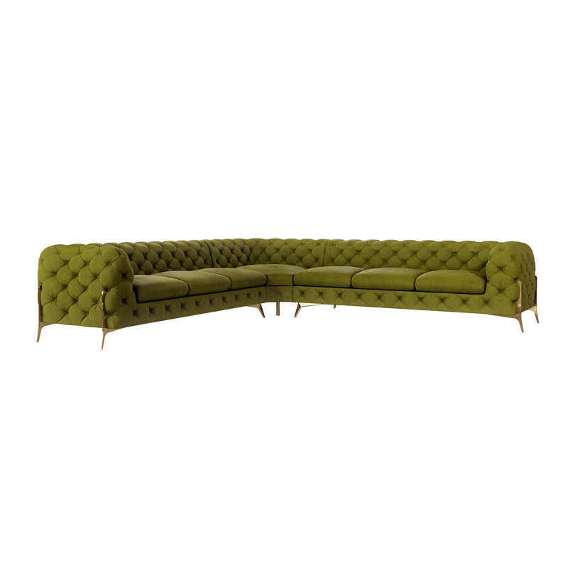 Chesterfield Corner Sofa L-Shape  with Gold Metal Legs, Olive