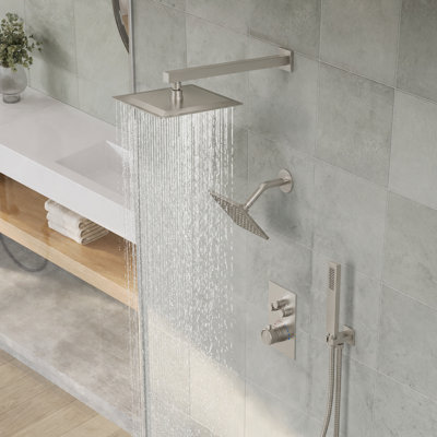 Wall Mount 12" High-Pressure Rainfall Shower Faucet, Dual Rainfall Shower Head System with Thermostatic Valve