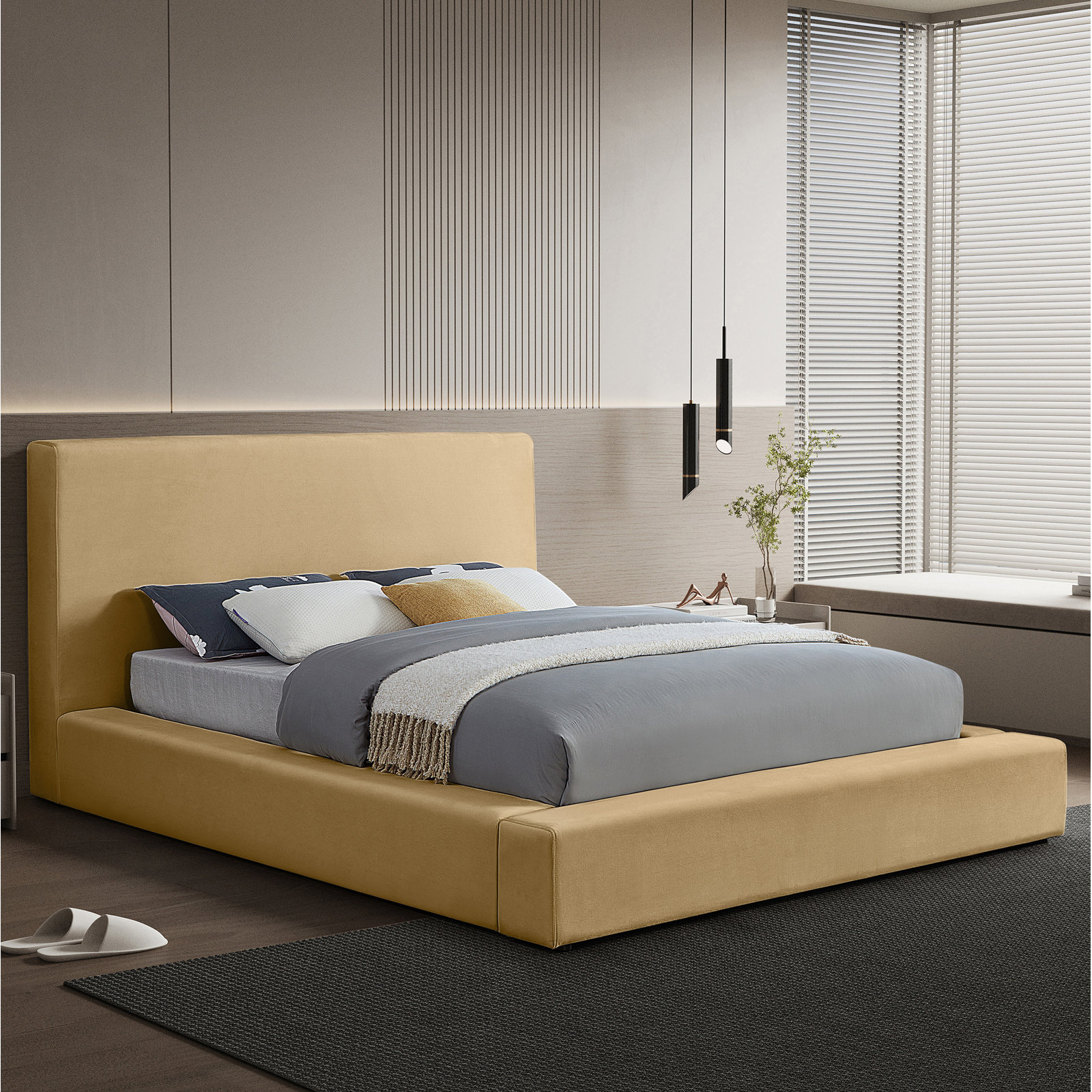 Ishia Velvet Upholstered Bed, King, Camel Velvet