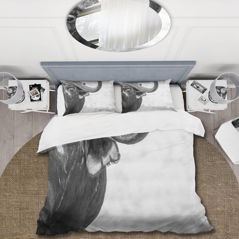 Portrait monochrome de Buffalo III - ensemble de housse de couette Farmhouse - microfibre de polyester