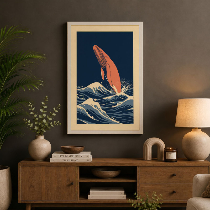 Whale Breaching Japandi - Wrapped Canvas, 18x12 - 45.7 x 30.5 cm, Taupe Border