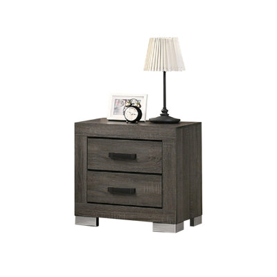 Wood Nightstand In Grey, 2 Drawers, Black Handle Ornaments - Attractive Addition Appealing