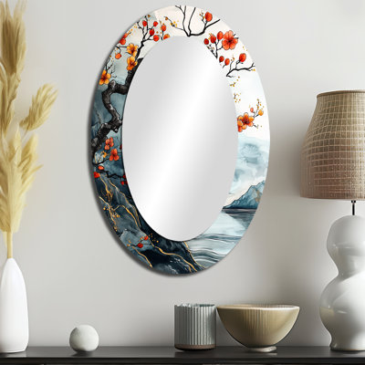 Branche de cerisier bleu en Chine II - Grand miroir mural ovale sur métal
